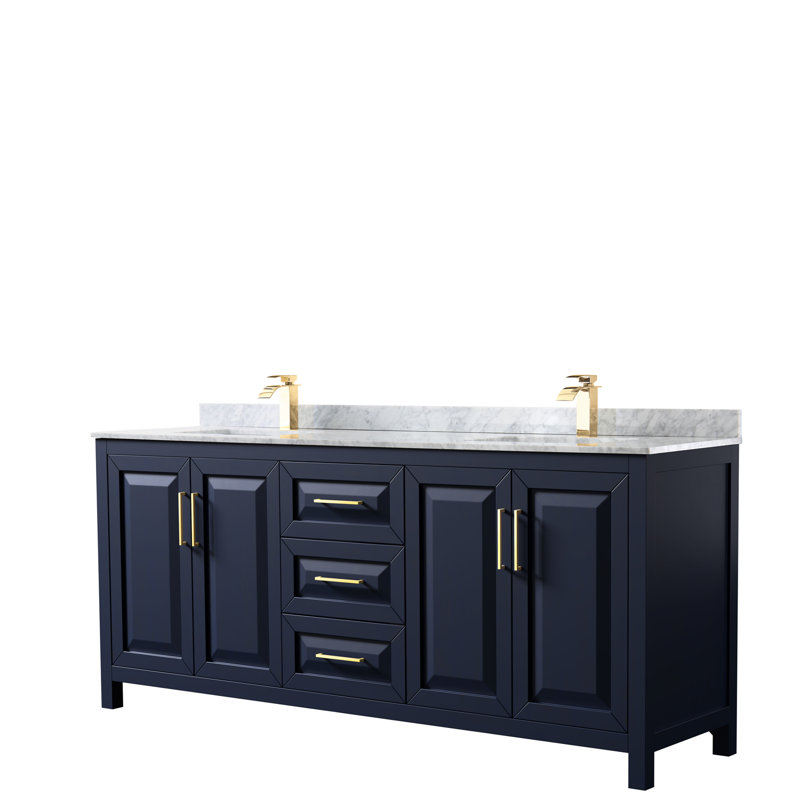 Daria 80'' W Double Vanity, Brushed Gold, Dark Blue, Carrara Cultured Marble