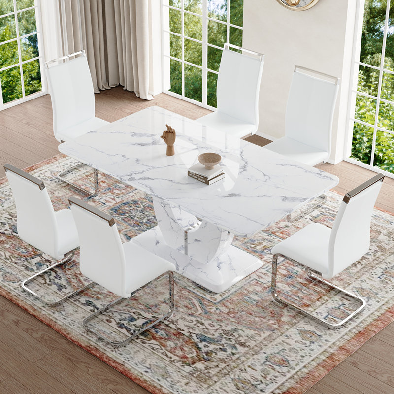 Dining Table Set, White/Silver, White Marble, 7 pieces