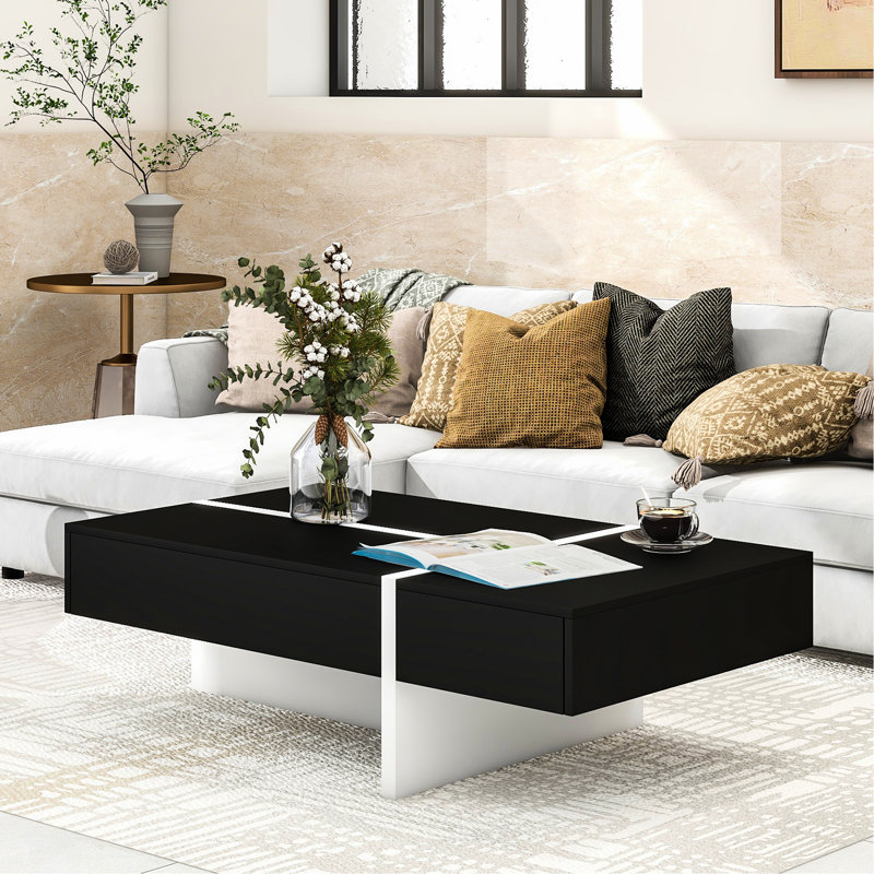 Table basse de centre de table moderne avec finition hydrofuge et base noire Table de salon rectangulaire contemporaine, longueur 45,3 po, surface de tiroir
