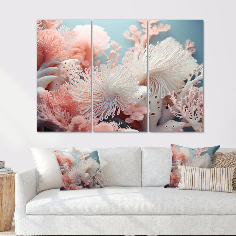 Anemone Garden - Ensemble de décorations murales corail sous l'eau, Toile tendue, H 32 po x l 48 po x P 1 po