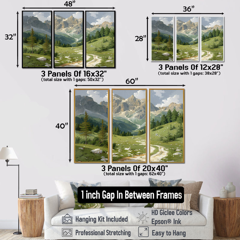 Paysage de ferme des Dolomites II - ensemble d'art mural de ferme, Toile avec cadre flottant or, H 32 po x l 48 po x P 1 po