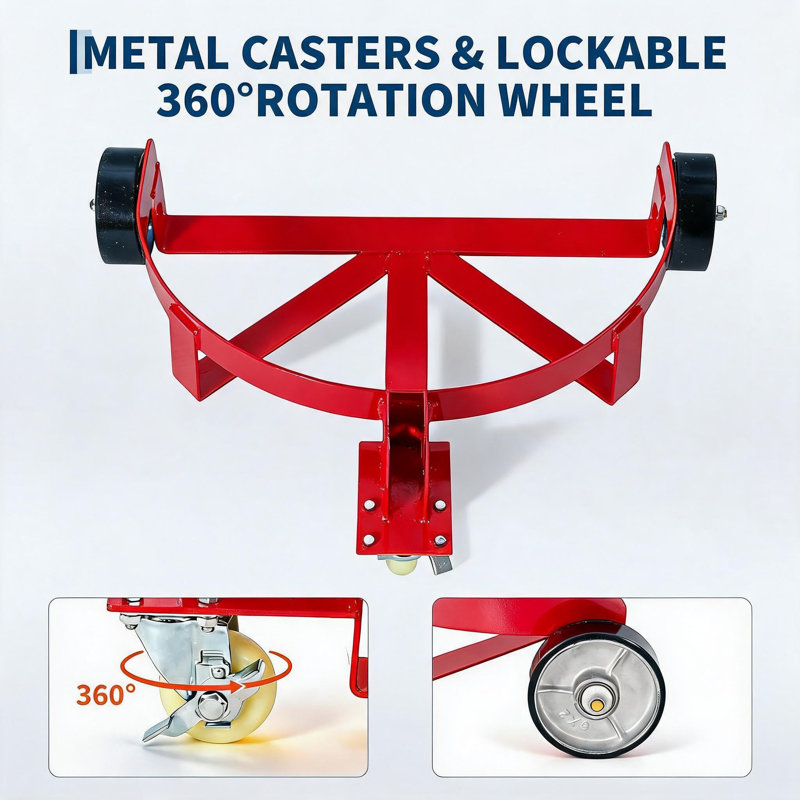 55 Gallon Drum Dolly, 1200 LBS Capacity with Handle and Wheels, Red/Black