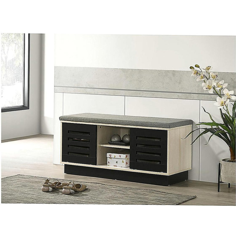 38.5"W Shoe Cabinet with Sliding Doors and Upholstered Top, Oak Finish