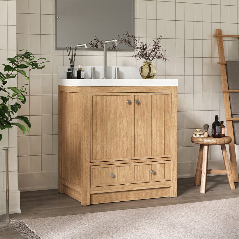 Meuble-lavabo simple 30 po avec 2 portes, tiroir et plateau en quartz, Bois clair