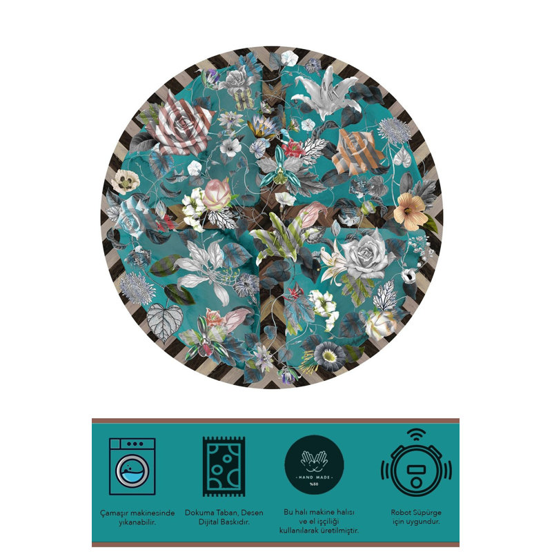 Tapis rond lavable à thème Blue Rose, Sous-tapis rond 4 pi 11 po inclus