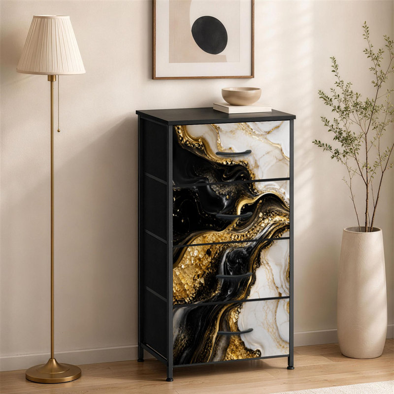 Commode à 4 tiroirs pour chambre à coucher Noir or blanc liquide abstrait 3D marbré doré incrusté de veines lignes Petite commode à vêtements haute pour organisateurs de placard avec commode