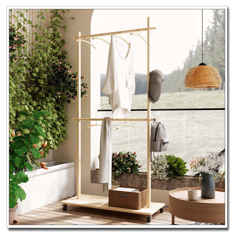 Séchoir à vêtements en bois massif avec 6 cintres en bois, conception compacte, tablette réglable