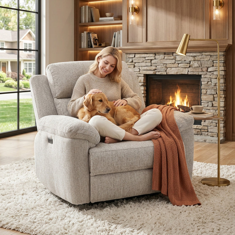 Callendale 43.3"W Upholstered Power Recliner Chair With USB & Type-C Charging, Ivory Gray