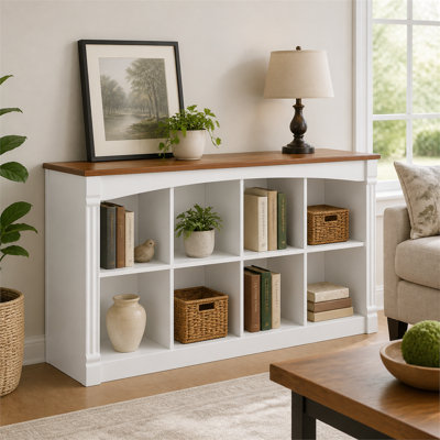 Bibliothèque à 2 niveaux à 8 tons en bois à deux niveaux, étagère à casiers ouverts avec moulures décoratives, console basse pour bureau de salon et de chambre à coucher