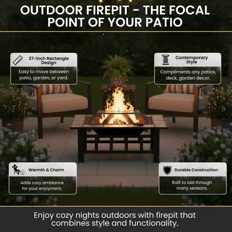 Fire Pit - 37-Inch Outdoor Firepit Table with Screen, Cover, and Poker - Outdoor Fire Pits for Backyard, Deck, Patio, or Porch by Pure Garden