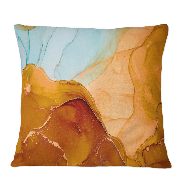 «Blue and Brown Luxury Abstract Fluid Art VI», coussin décoratif imprimé moderne, 18 po x 18 po