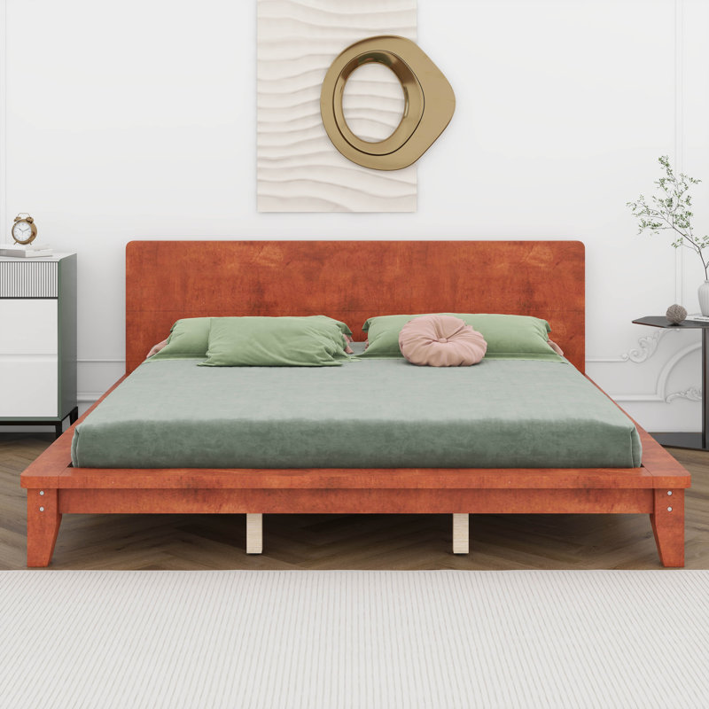 Lit plateforme, cadre de lit moderne de style Mid-Century avec tête de lit, cadre de lit uni, Brun