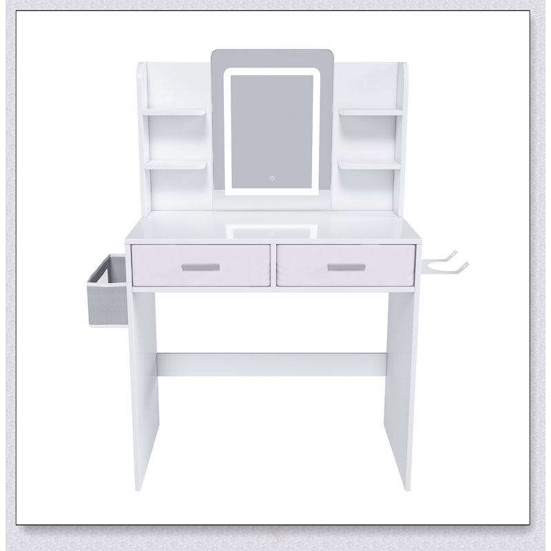 LED Mirror Vanity Dressing Table With 3-Color Adjustable Lights, 2 Large Drawers, Hair Dryer Stand & Non-Woven Storage Bag