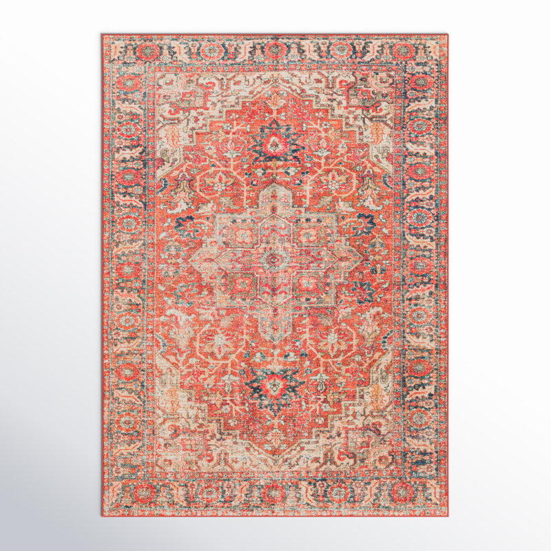 Finessa Machine Washable Oriental Red/Brick Red Area Rug, Rectangle 4'3" x 5'11"