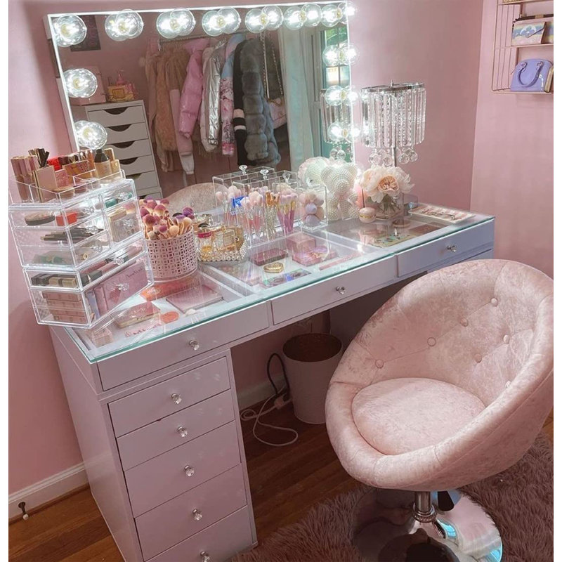Giselle Antoinette Round Tufted Vanity Chair with 360 Degree Swivel and Stainless Steel Flat Base, Pink