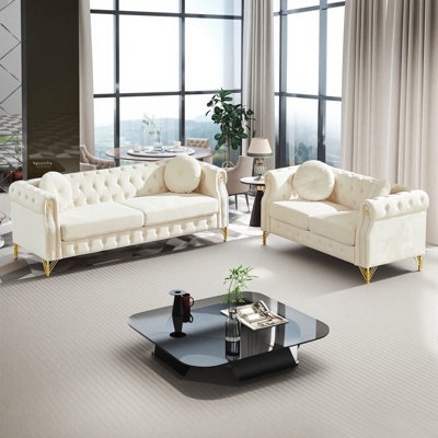 Canapé Chesterfield en velours capitonné, ensemble de salon 2 places + 3 places, canapé de salon moderne