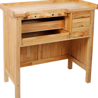 Bijoutier en bois massif, 99 x 99 x 46 cm, pin et hévéa, grand espace de rangement avec trois tiroirs, plateau coulissant pour mandrin, bras réversible supportant un bac en métal dans le tiroir inférieur, plateau