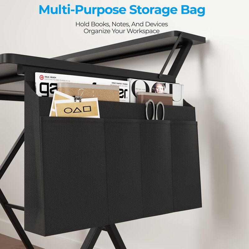Folding Table With Monitor Stand, Small Computer Table With Storage Pocket And Hooks, Black