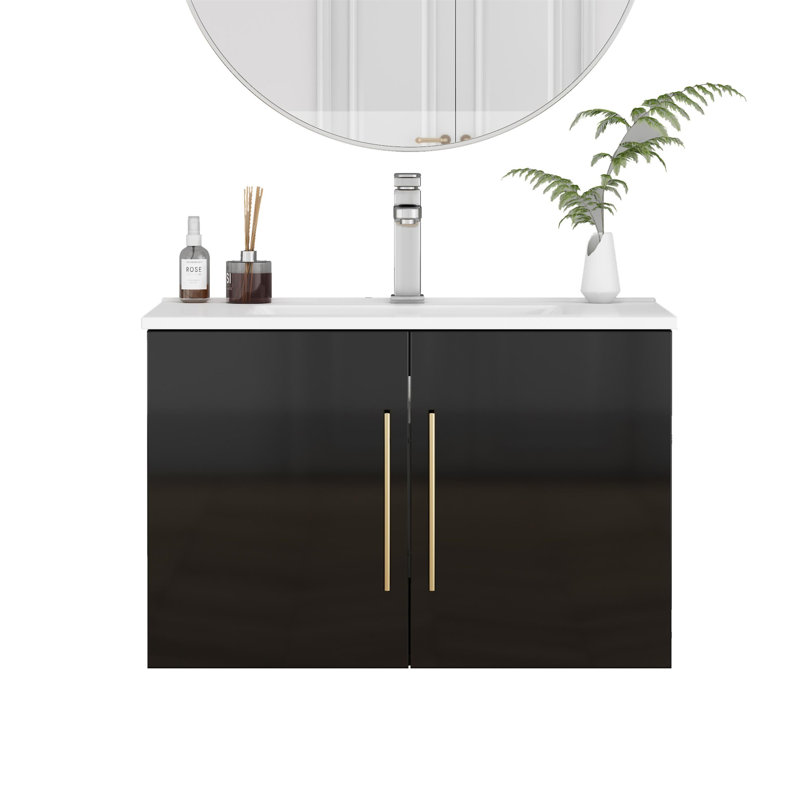 Ensemble de meuble-lavabo mural noir brillant 30 po avec lavabo, Noir