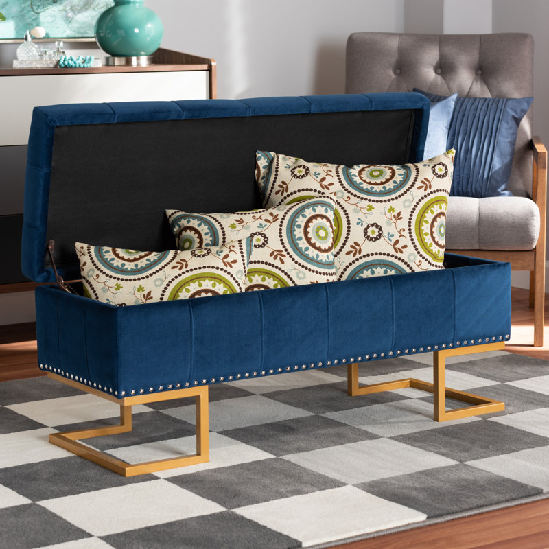 Velvet Tufted Rectangle Solid Colour Ottoman with Storage, Navy Blue