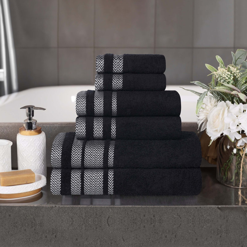 Halia Cotton Solid Dobby Border Plush Soft Absorbent 6 Piece Bathroom Towel Set, Black