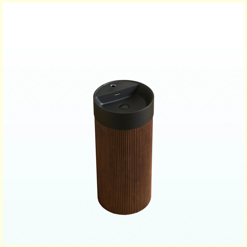 Meuble-lavabo autoportant cylindrique en grain de bois 16 po noyer, lavabo à surface solide ronde noire avec trou pour robinet, sans robinet / ensemble de bonde inclus