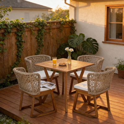 5-Piece Outdoor Dining Set, 1 Acacia Wood Square Table & 4 Wicker Back Chairs with Beige Cushions, Teak Finish Weather Resistant for Garden, Backyard, Patio