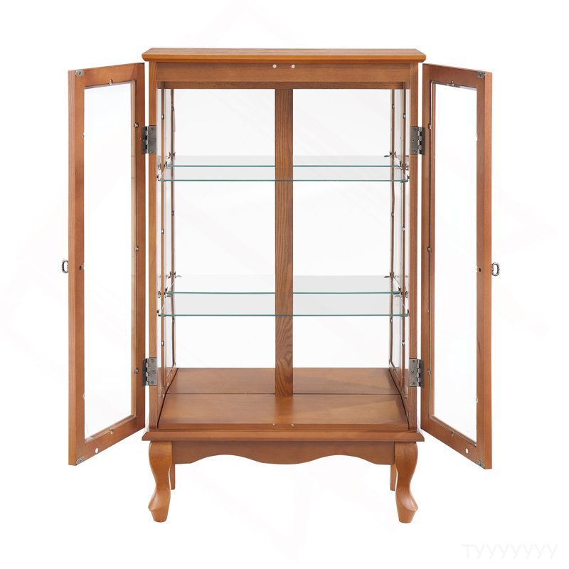 Elegant 2-Door Curio Cabinet With Tempered Glass Doors, Mirrored Back Panel, And Adjustable Shelves - Lighted Display Cabinet For Home And Office (Light Bulb Included) -OAK Finish