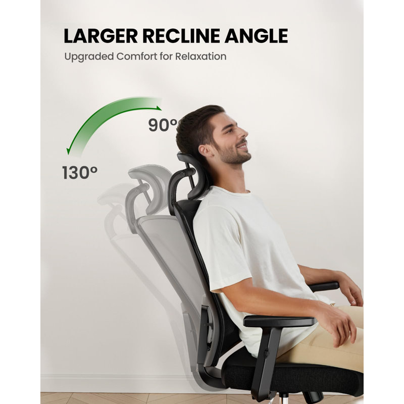 Chaise de bureau avec support lombaire, appui-tête en 2 dimensions, accoudoirs réglables, coussin de siège incurvé et roulettes, chaise de bureau ergonomique convenant à la maison et au bureau.