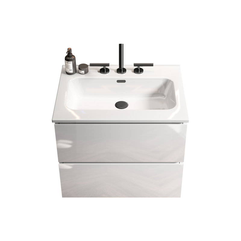 Meuble-lavabo mural blanc brillant de 61 cm (24 po) - Lavabo en céramique, 3 trous pour robinetterie, grand espace de rangement, silencieux, capacité de rangement importante.