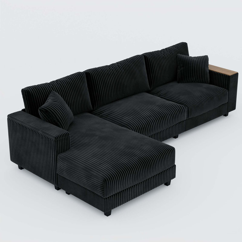 114.5'' Corduroy Couch With 2 Pillows Oversized Sofa L Shaped Sectional Couch With Reversible Chaise, Black Corduroy