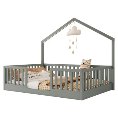 Full Floor Bed with High Rails, Wooden Montessori Bed with Light for Kids, Boys and Girls,Gray(Old SKUW2593P440606 Expect Arrival Date 2026/6/30)
