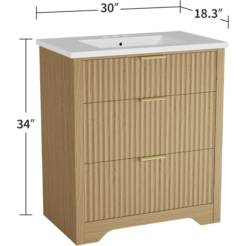 30" Fluted Bathroom Vanity with Sink, Farmhouse Freestanding Vanity Cabinet with 2 Drawers & Flip Drawer, Easy Clean, Natural Oak