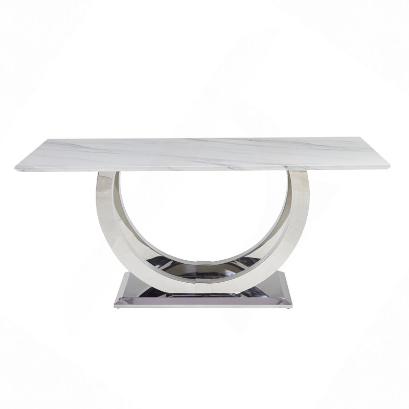 69.30" Rectangular Dining Table, Modern Simple, Marble Tabletop, MDF Tabletop, Stainless Steel Mirror Surface, Suitable For 4-6 People Marble Pattern, Silver Mirror.