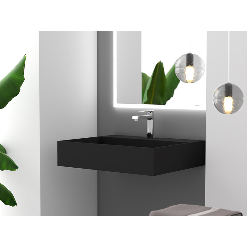 Juniper 24" Wall Mounted Solid Surface Floating Bathroom Sink with Concealed Drain - Black, Black