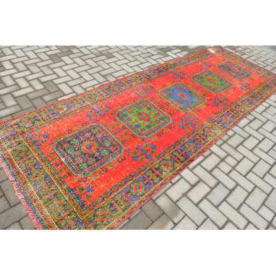 Stylish Vintage Turkish Rug Featuring a Bold Geometric Design Ideal to Add a Unique Touch to Your Living Room or Hallway