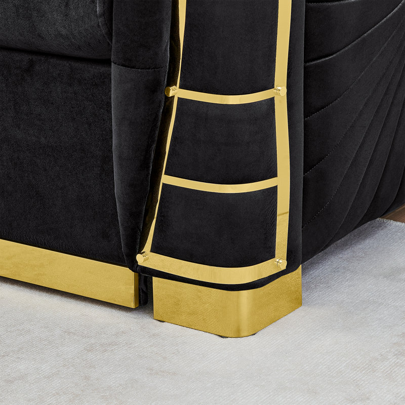 Ensemble de canapé Chesterfield convertible 3 pièces en velours avec fauteuils, Noir