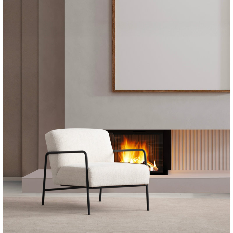 Élégant fauteuil à oreilles, tissu blanc, 27,6 po x 35,4 po x 29,5 po | Structure en bois de hêtre et en carton, 100% polyester, nettoyage à sec | Coussins en mousse et plumes gris doux, dossier et siège fixes, pieds noirs élégants en métal pour les salons modernes