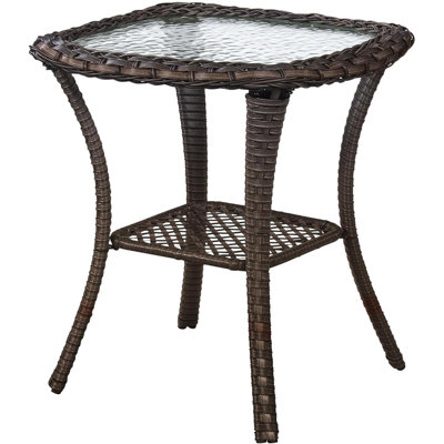 Small Outdoor Side Table - 50 LBS Weight Capacity Wicker Side Table With Storage, Tempered Glass Top Patio Side Table For Porch Balcony Deck Garden