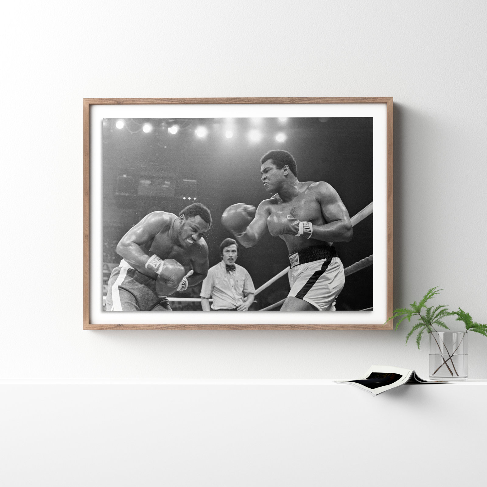 Adom "Muhammad Ali Punching Joe Frazier" Print, Rustic Walnut Framed, 36" H x 48" W