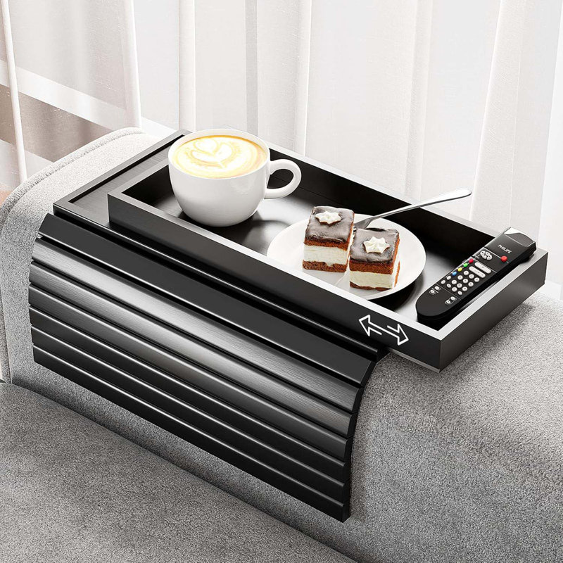 Bamboo Sofa Armrest Tray Table For Couch - 2-In-1 Couch Arm Table With Be Slide Detachable Tray - Anti-Slip Foldable Sofa Armchair Caddy For Drinks Cup Cellphone TV Remote Snacks (Bamboo)