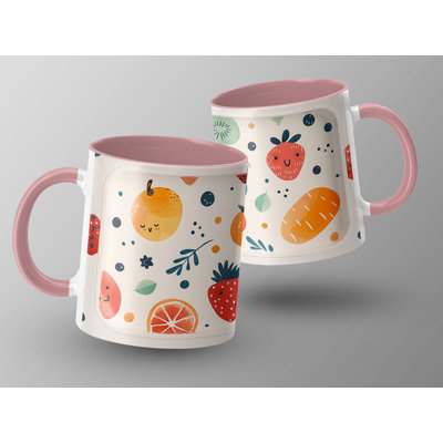 Kids Drawing Style 11oz Accent Mugs – Ceramic Coffee Cup with a Pink Handle and Interior