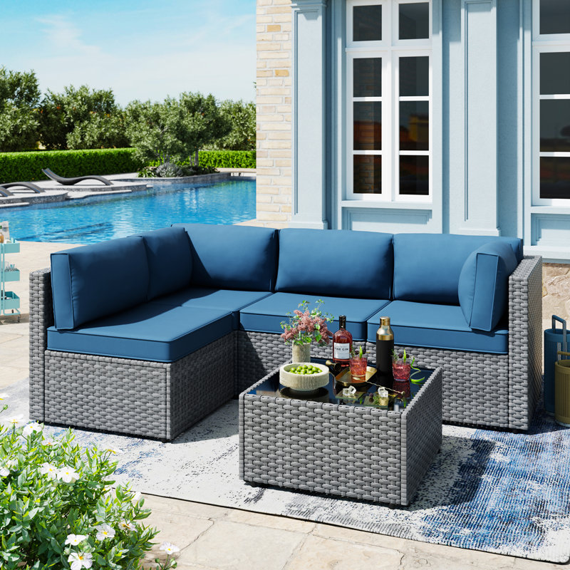 Proa 5-Piece Outdoor Rattan Patio Furniture Set, Navy Blue