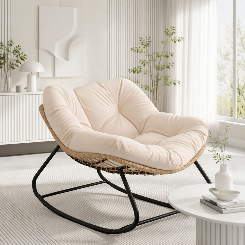 Fauteuil à bascule Papasan Outsunny, chaise berçante Papasan surdimensionnée en osier pour intérieur et extérieur avec coussin, fauteuils à bascule œuf d'extérieur en rotin PE