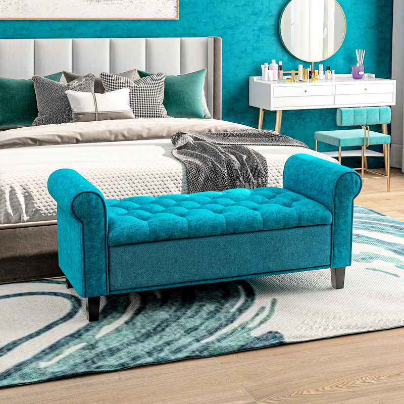 Banc de 50 po avec tissu bleu sarcelle et espace de rangement caché