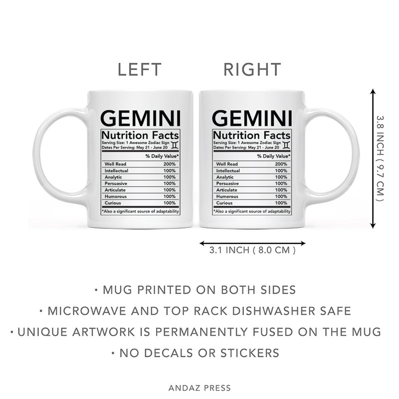 Signe astrologique astrologique 11Oz. Cadeau de tasse à café, caractéristiques alimentaires de Gemini, paquet de 1, idées de cadeaux de Noël pour la tasse de bureau d'anniversaire Horoscope Gemini