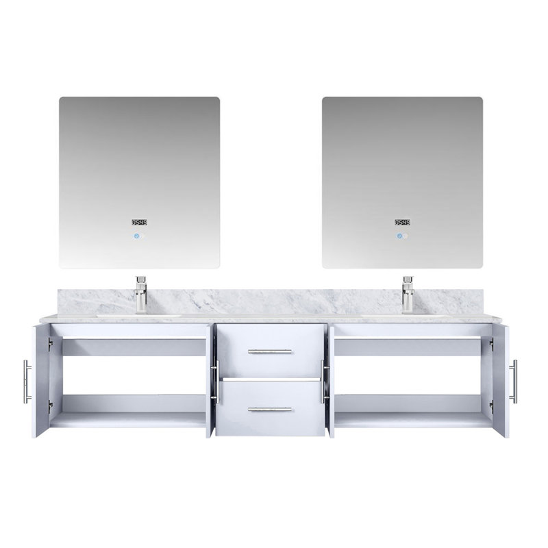 Meuble-lavabo double blanc brillant l 80 po x P 22 po, comptoir en marbre de Carrare, ensemble de robinet et miroirs à DEL de 30 po