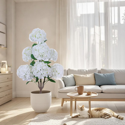 3ft Artificial Hydrangea Tree in Pot – 90cm Faux Flowering Plant with Leaves, White Decorative Fake Tree for Home, Office, Wedding, Garden