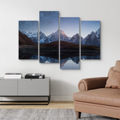 Nature, paysage, ciel nocturne avec étoiles et la Voie Lactée au-dessus d'un lac de montagne, art moderne, très grand décor, 4 pièces