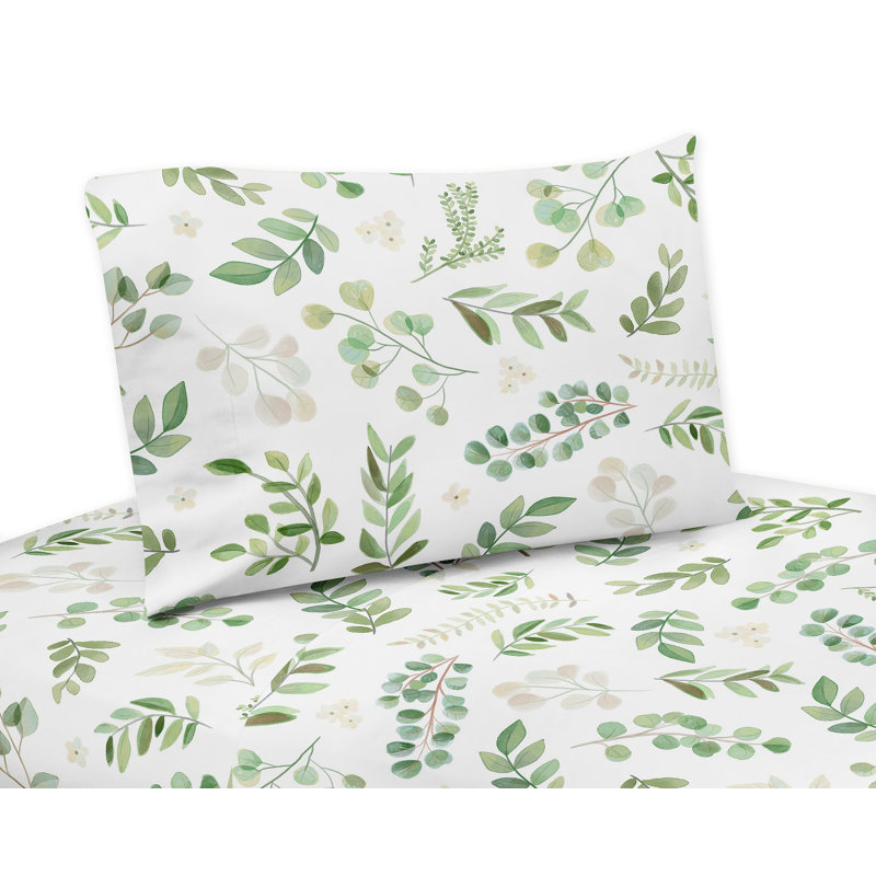 Twin White and Green Microfiber Floral Sheet Set